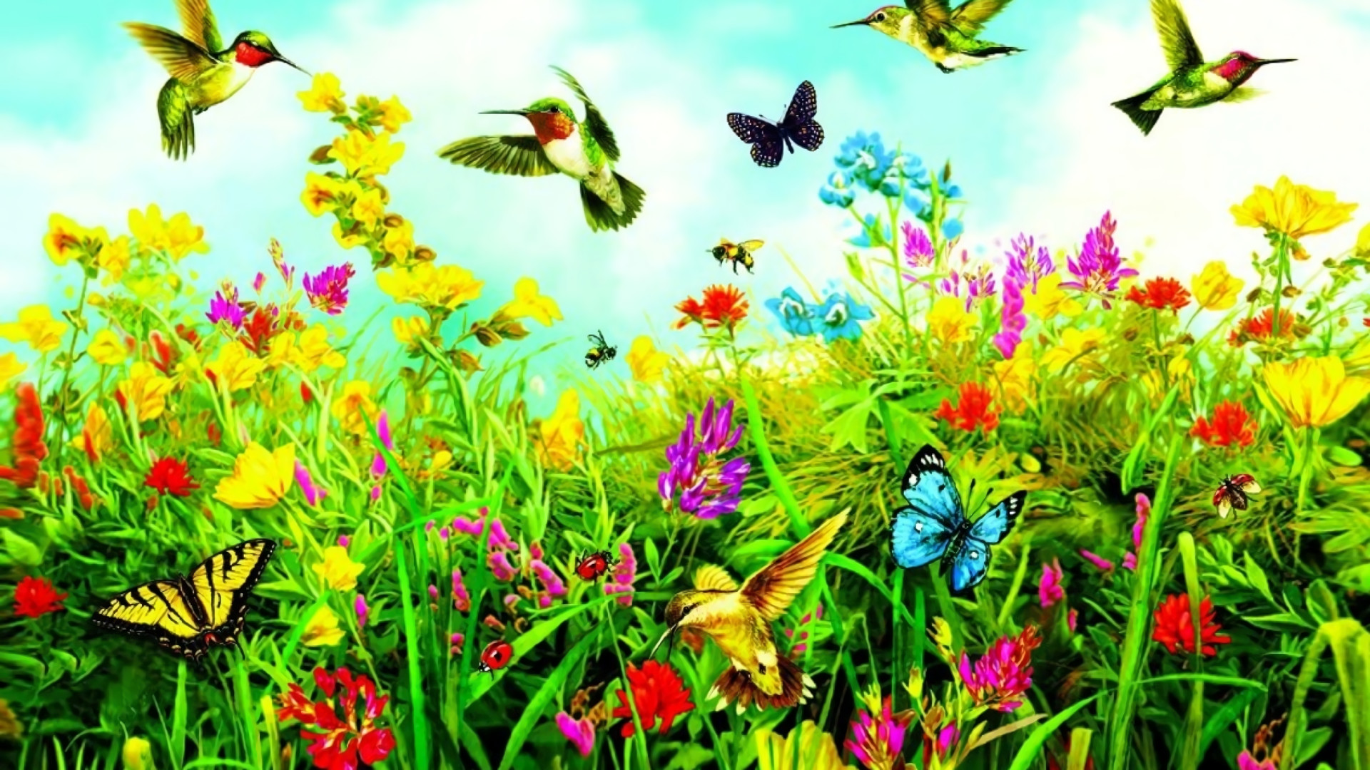 1920x1080 Birds Butterflies and Flowers Spring Nature Art