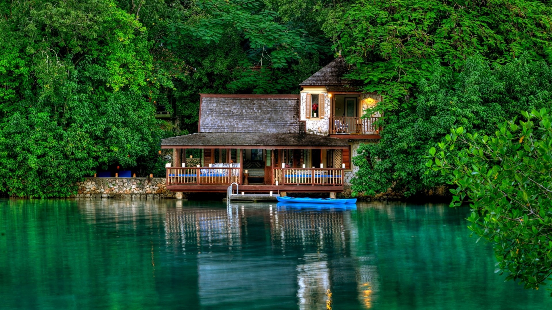 1920x1080 Preview wallpaper house, hut, boat, thickets, jungle, lake, privacy,