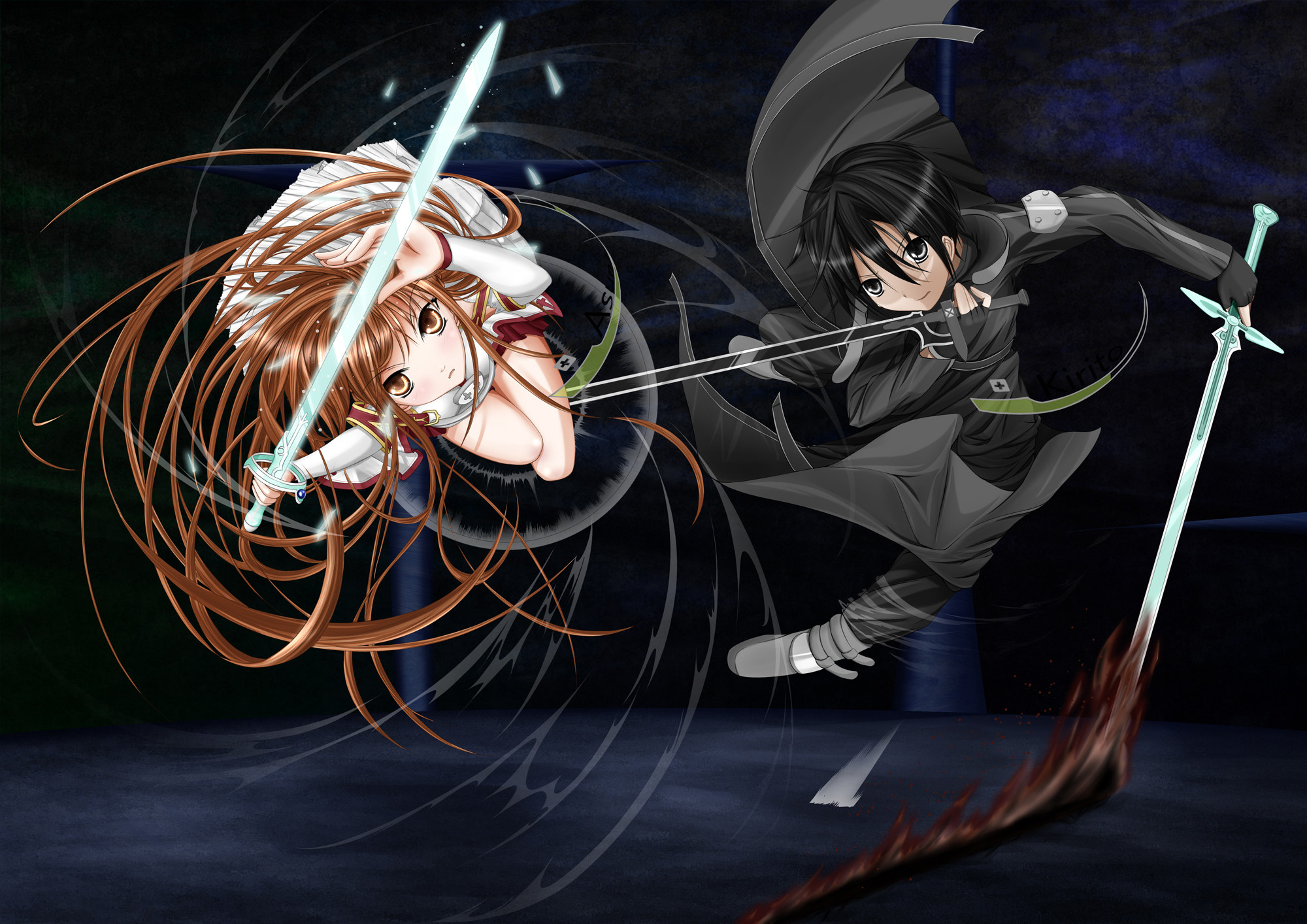 2000x1414 Sword Art Online Yuuki Asuna Kirito Guys Swords Anime Girls wallpaper .