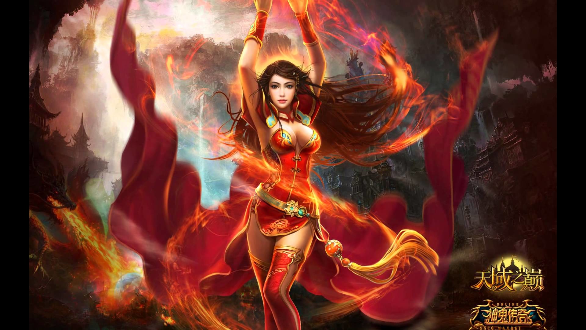 1920x1080 HD Beautiful colourful girl with fire eagle wallpaper for desktop background