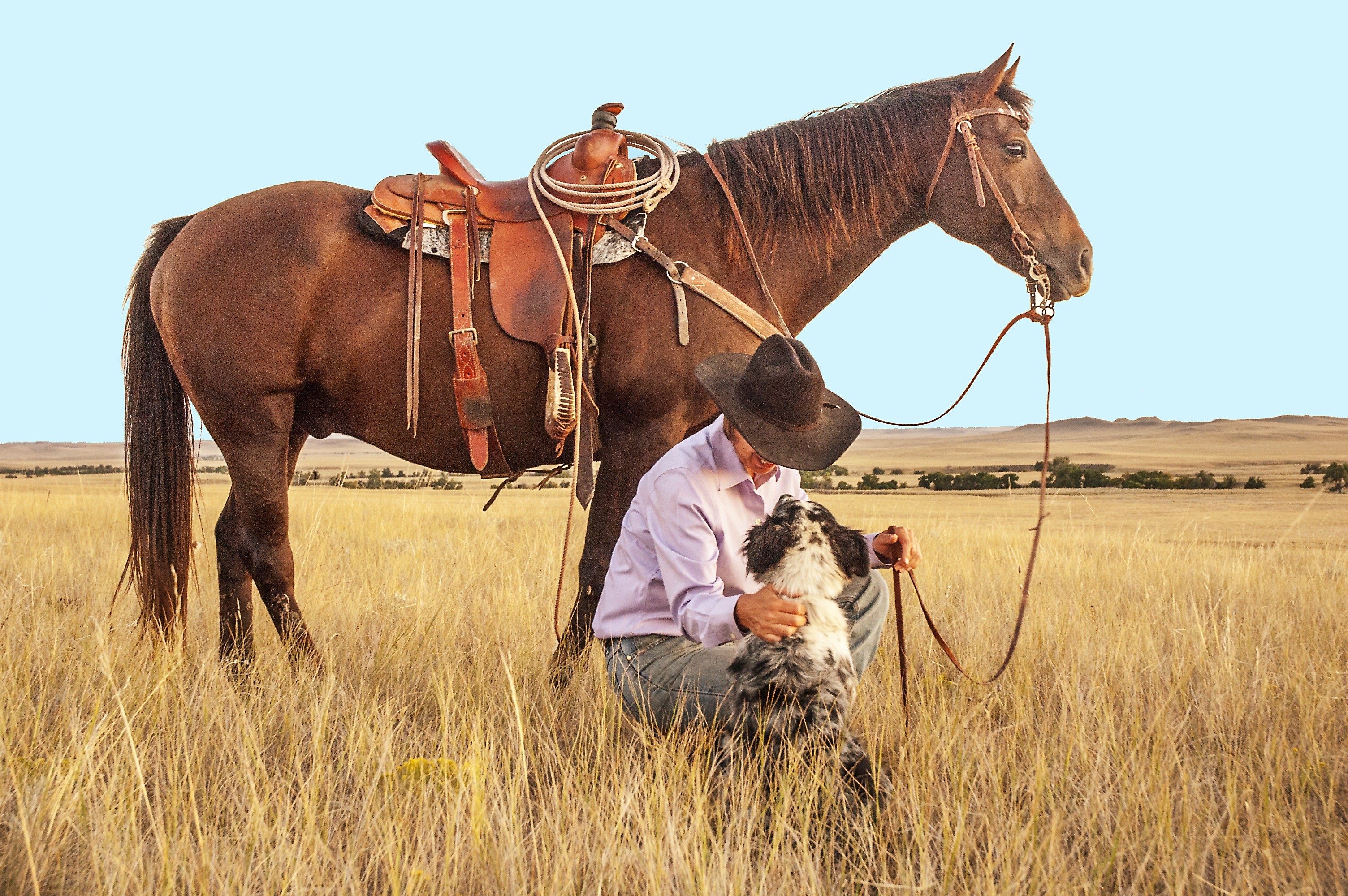 3008x2000 Men - Cowboy Horse Dog Ranch Portrait Wallpaper
