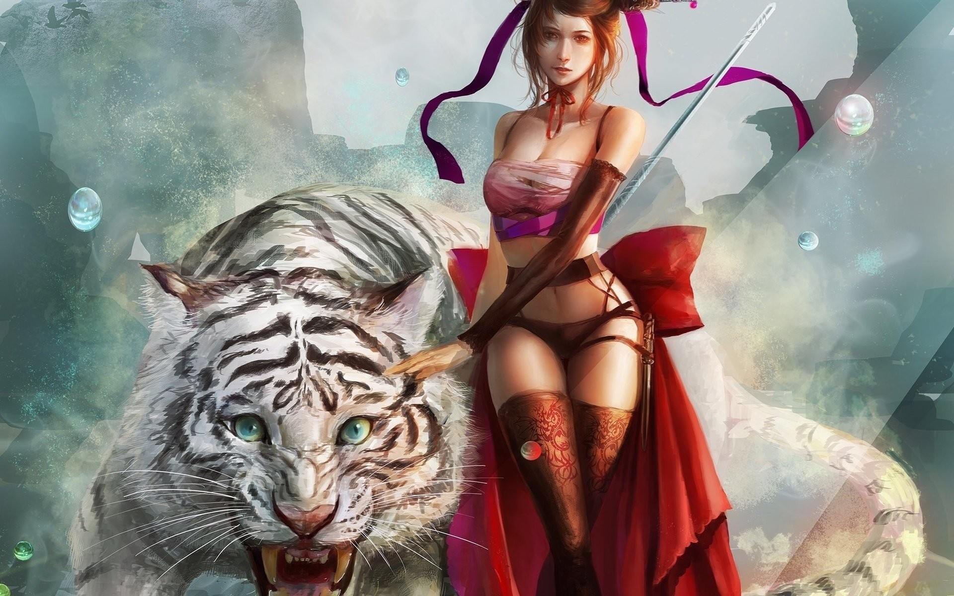 1920x1200 Fantasy - Women Warrior Tiger White Tiger Wallpaper