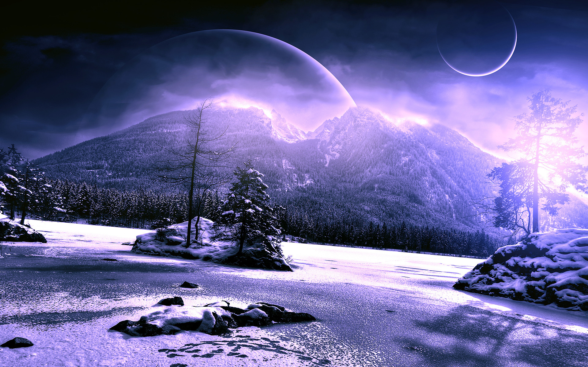 1920x1200 Snow Winter Trees Mountains Alien Landscape Planets Purple HD wallpaper  thumb