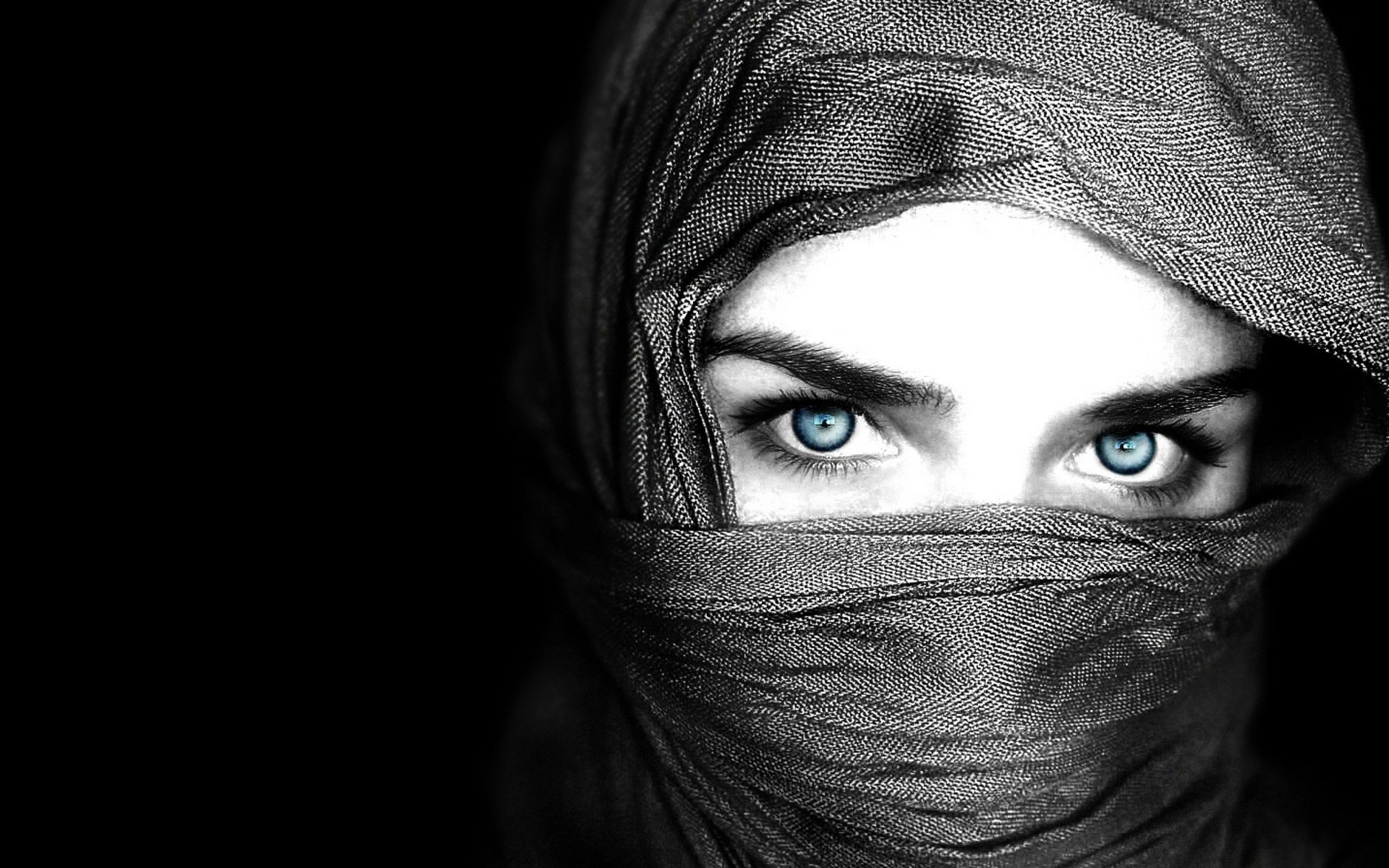 1920x1200 women eyes blue eyes fantasy art monochrome selective coloring scarf veil  beauty and the beast black Wallpaper