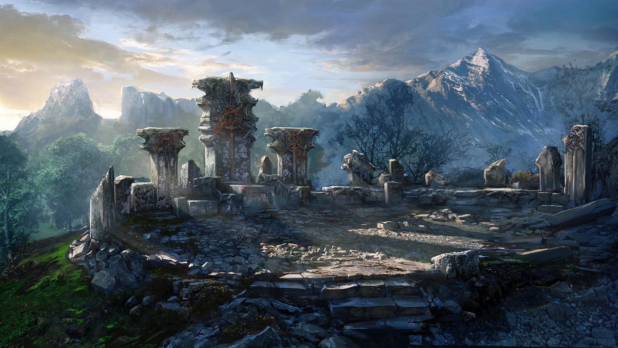 2560x1440 Images The Witcher 3: Wild Hunt Mountains Games Ruins 