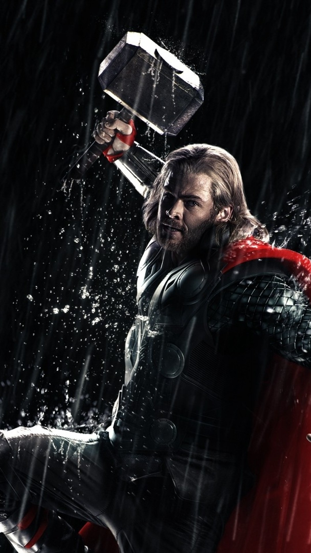 1080x1920 Thor, Chris Hemsworth, Hammer, Mjolnir, Cape, Raining