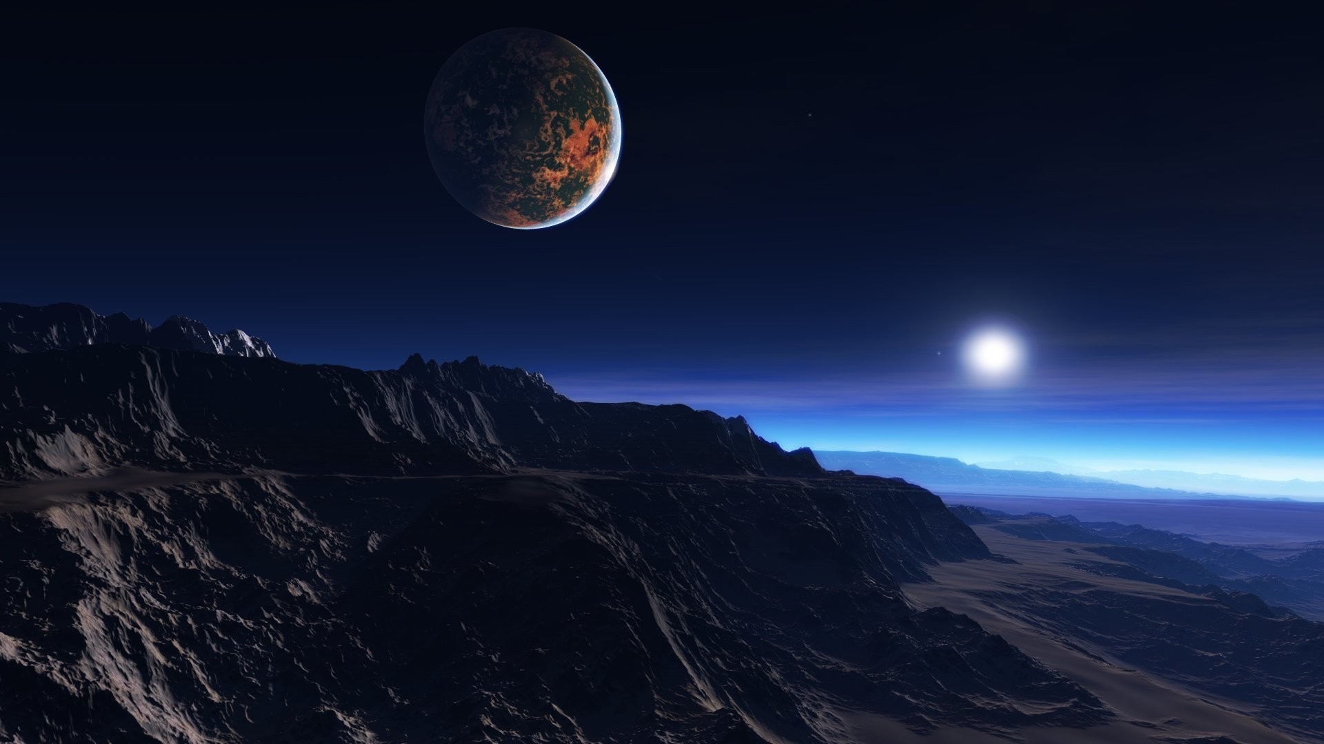 1920x1080 Preview wallpaper exoplanet atmosphere, clouds, stars, moon, mist,  mountains, rocks