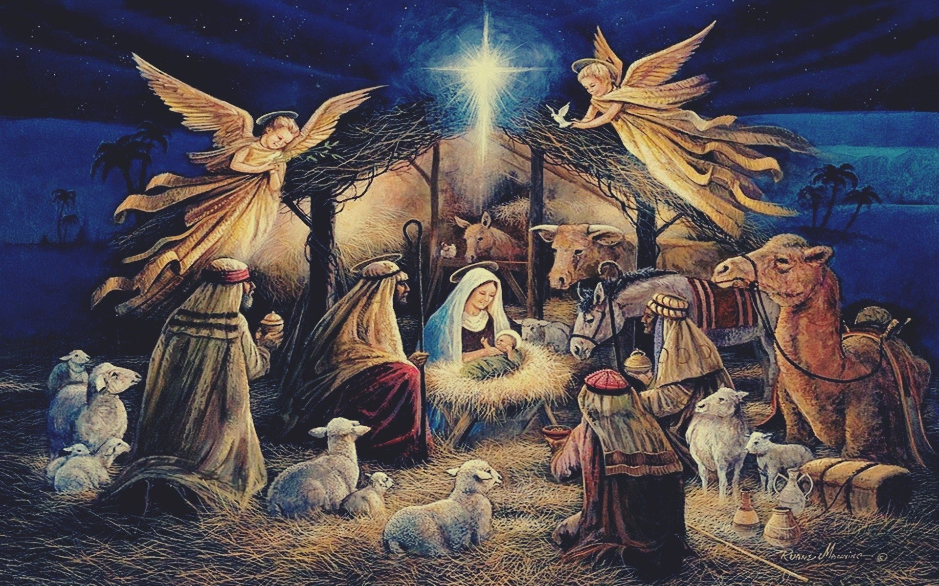 1920x1200 Virgin Mary, Jesus Christ, Christmas, Lights, Angel, Night, Religion,