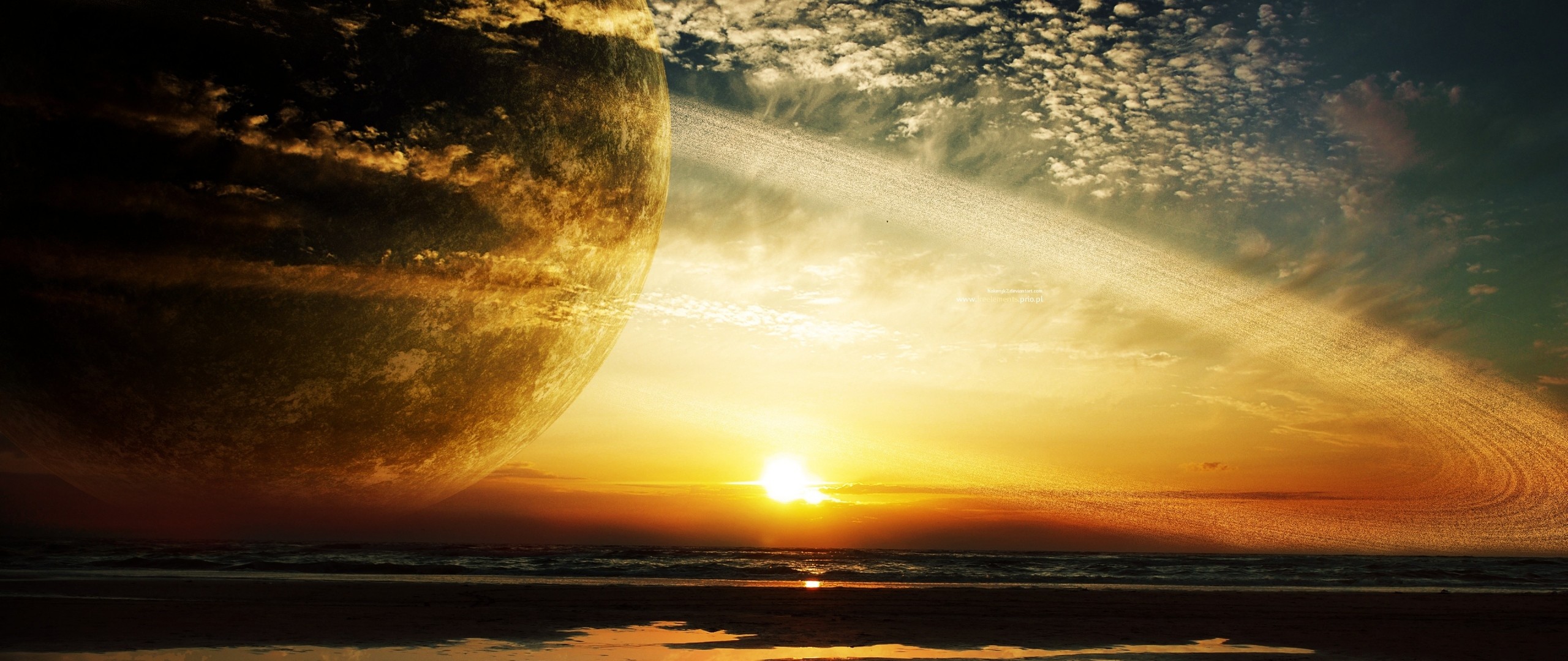 2560x1080  Wallpaper sunset, sea, rings, planet