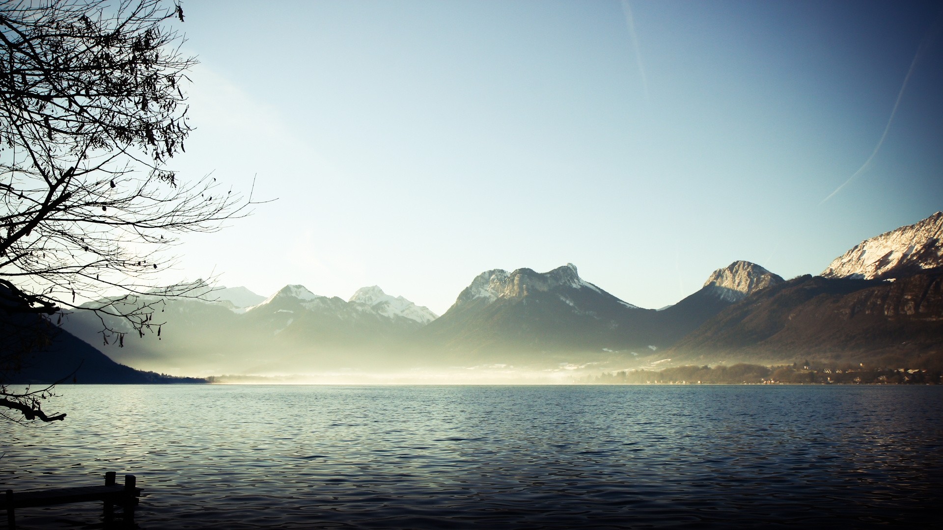 1920x1080  Wallpaper mountains, fog, lake, branches, silence