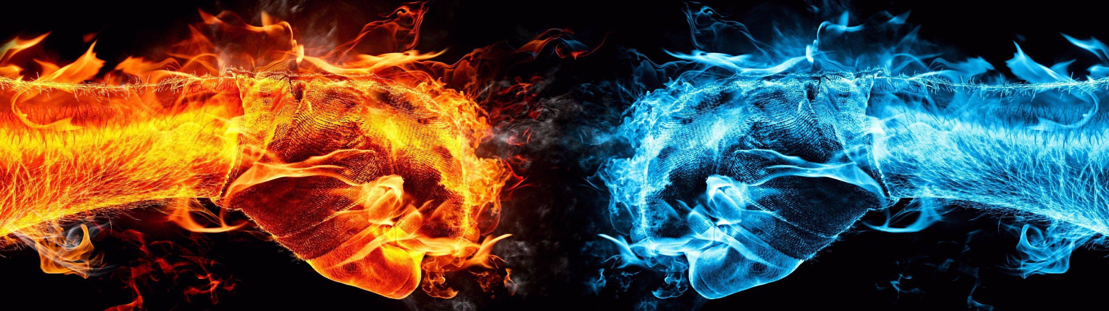3840x1080 human hands with red and blue flames HD wallpaper