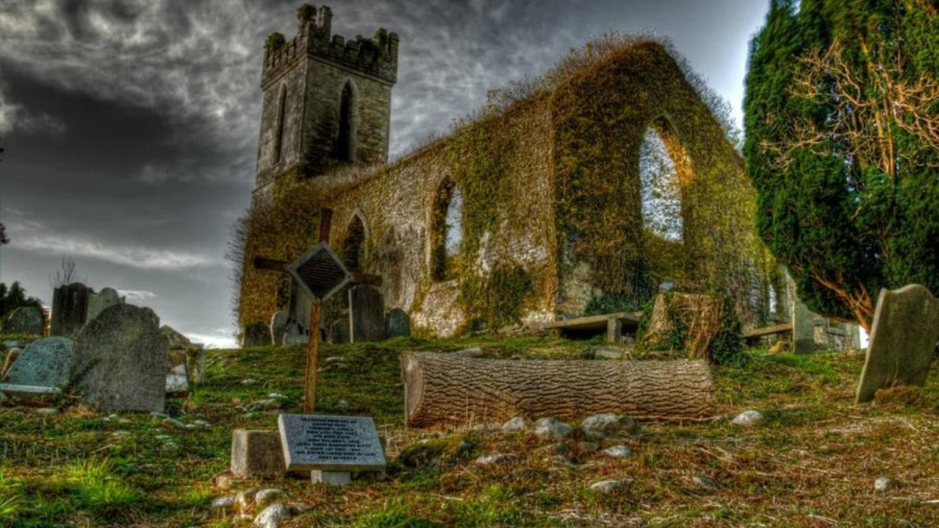 1920x1080 Ruins Irish Dark Sky Ireland Clouds Graveyard Gravestones Log Church Trees  Free Wallpapers - 1920x1280