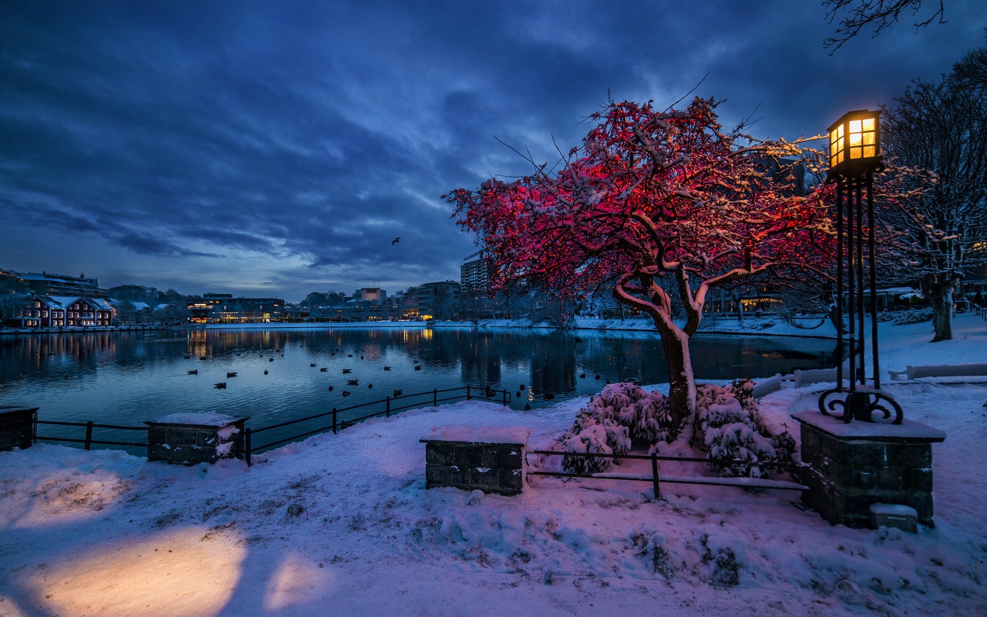 1920x1200 Norway, Rogaland, Stavanger, winter, snow, evening, lights, city,