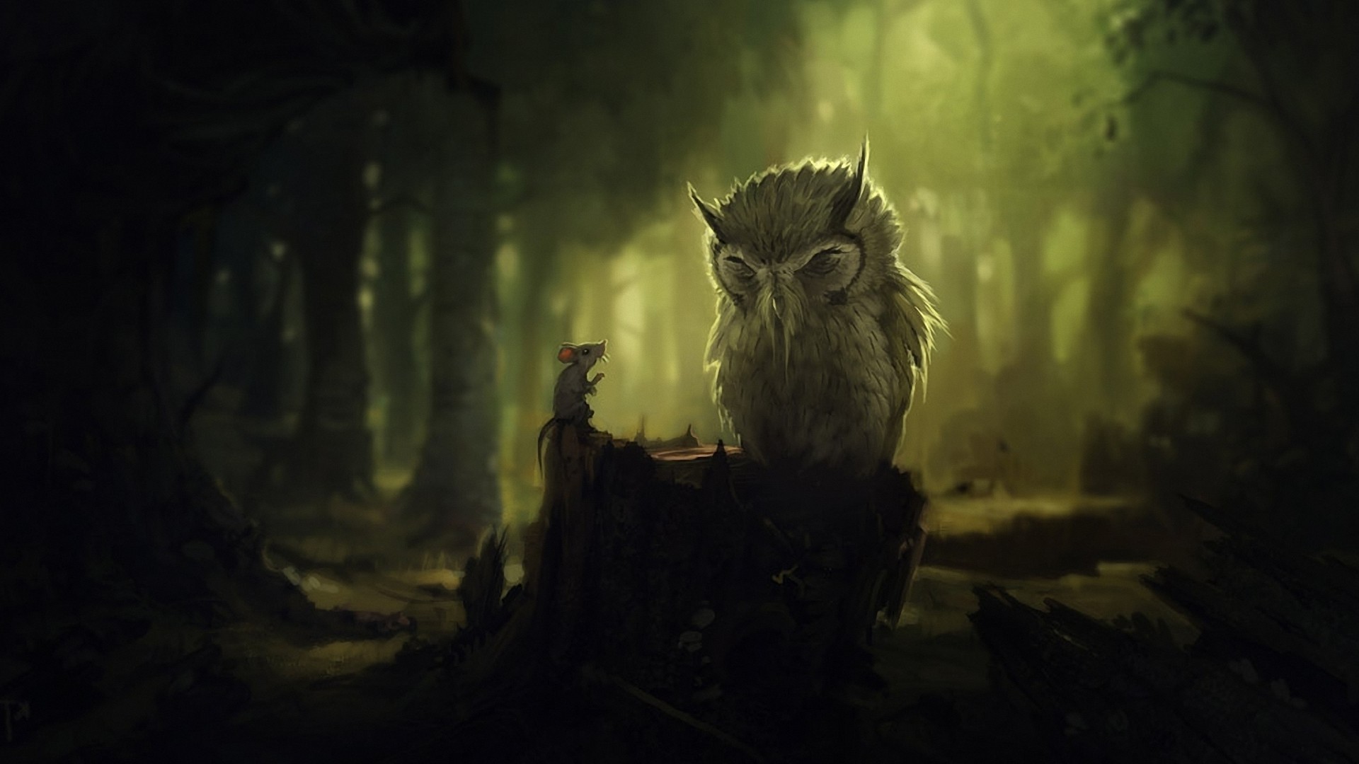 1920x1080 Mouse and owl in the dark forest HD Wallpaper 