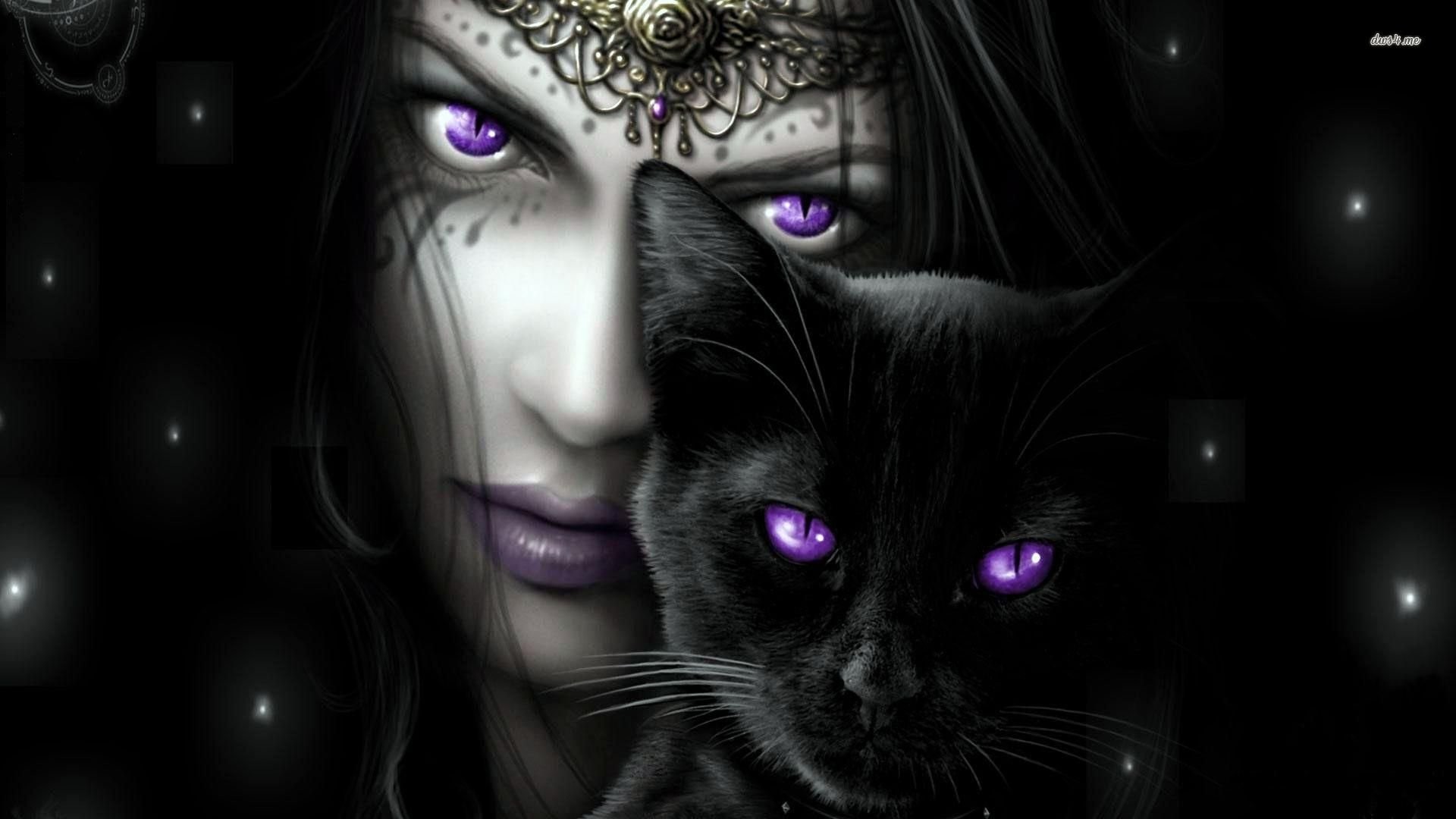 1920x1080 Purple Eyed Woman With Her Black Cat