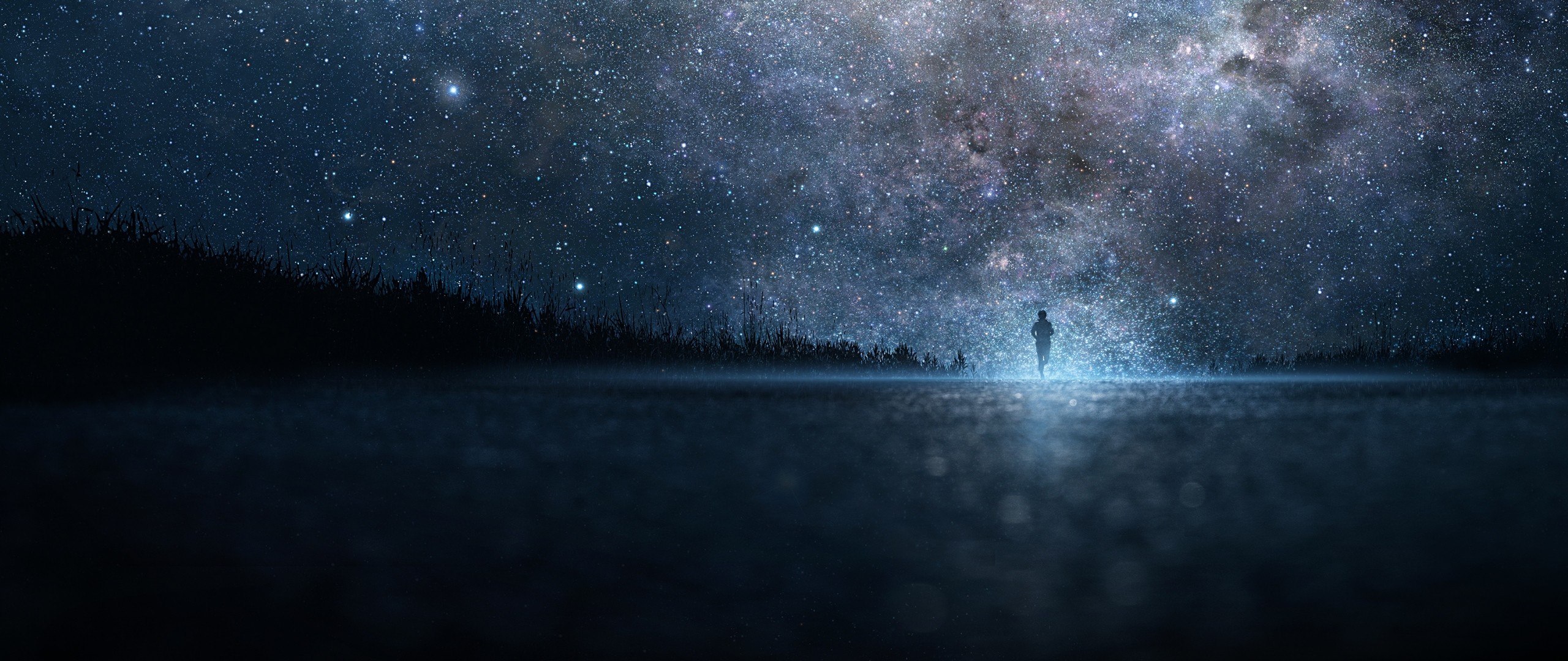 2560x1080 Preview wallpaper star, art, sky, night, people, silhouette 