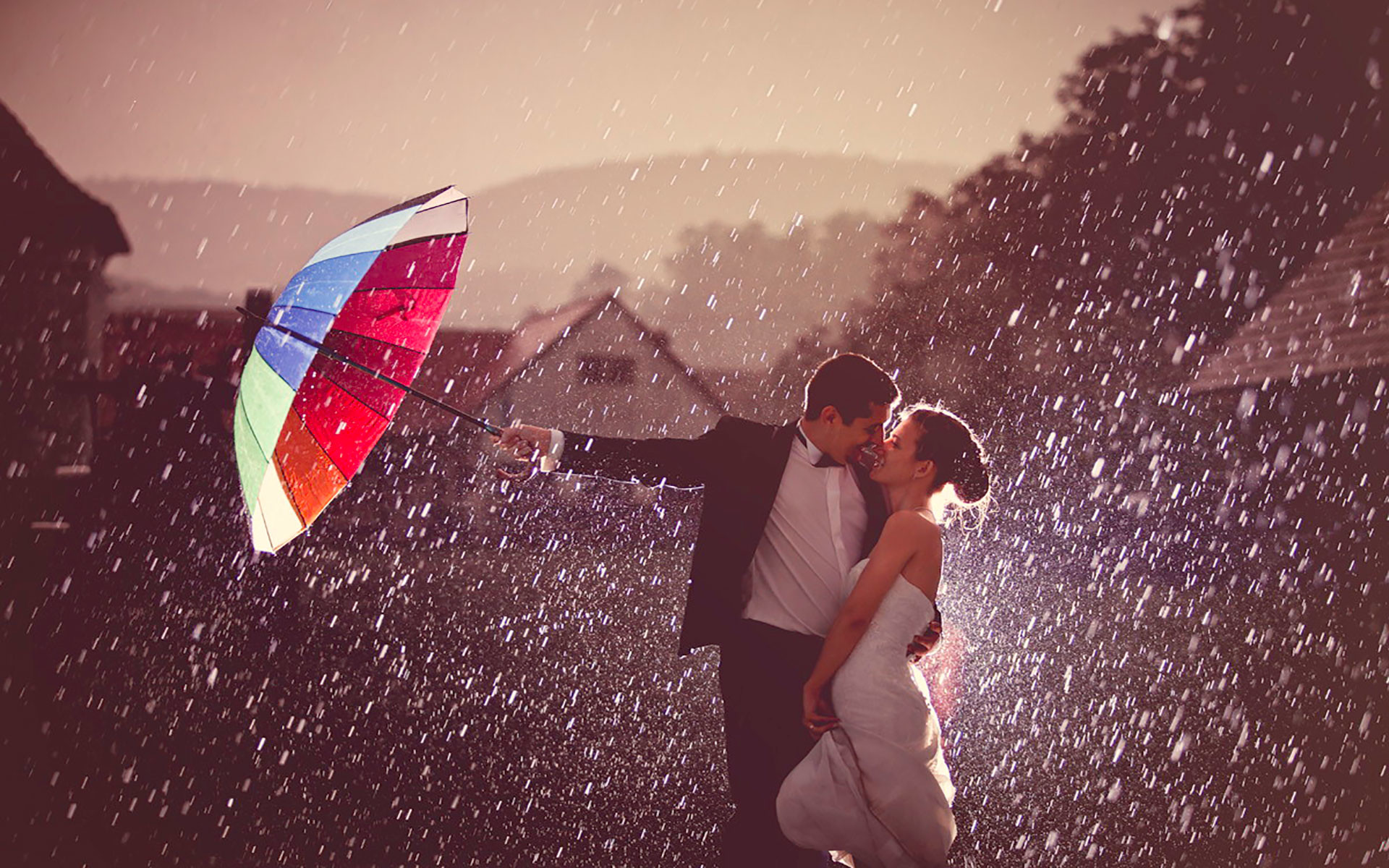 1920x1200 First kiss in rain after getting married