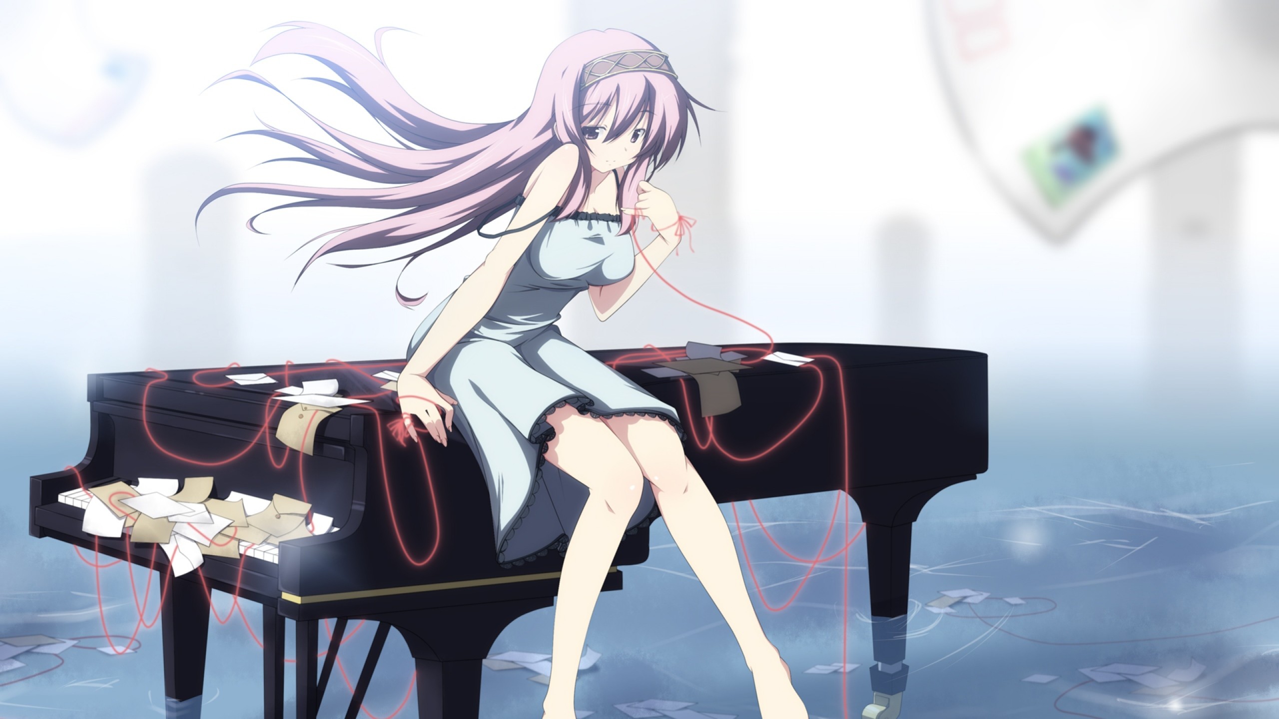 2560x1440  Wallpaper anime, girl, piano, paper, rope, sadness