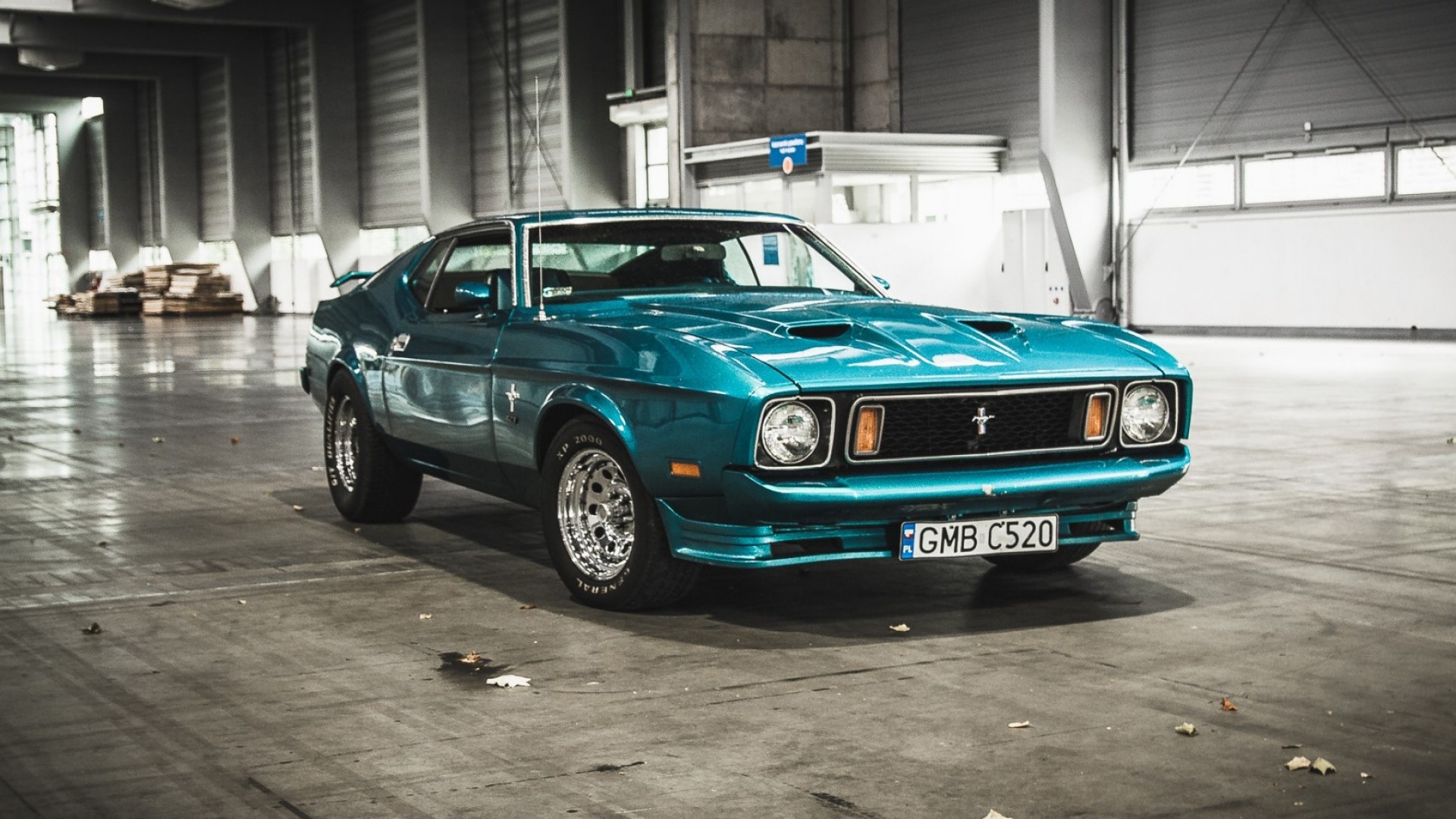 1920x1080 Preview wallpaper mustang, ford, 1973, hangar, front view 