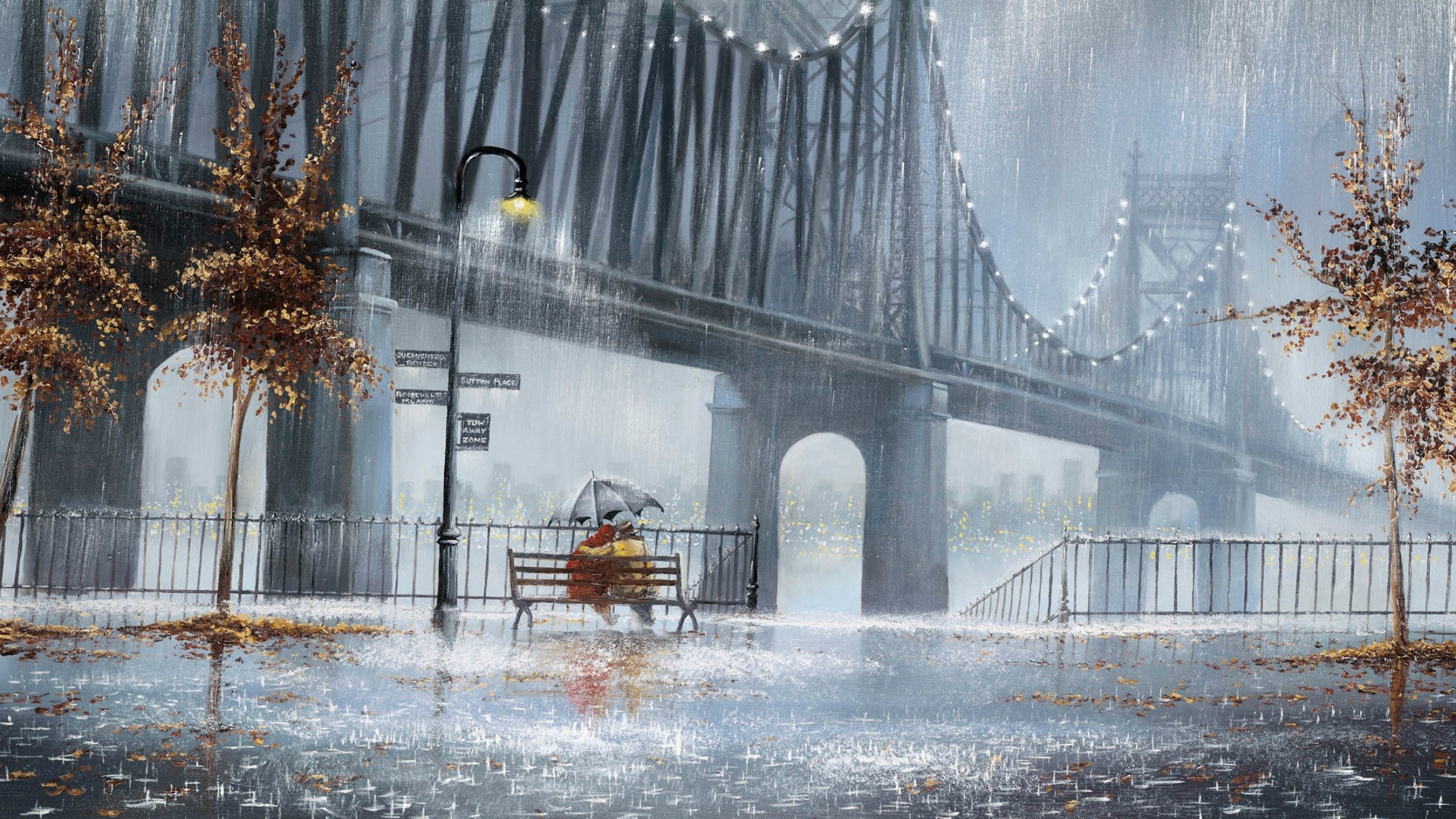 2560x1440 Preview wallpaper rain, trees, lights, street benches, two, couple, umbrella