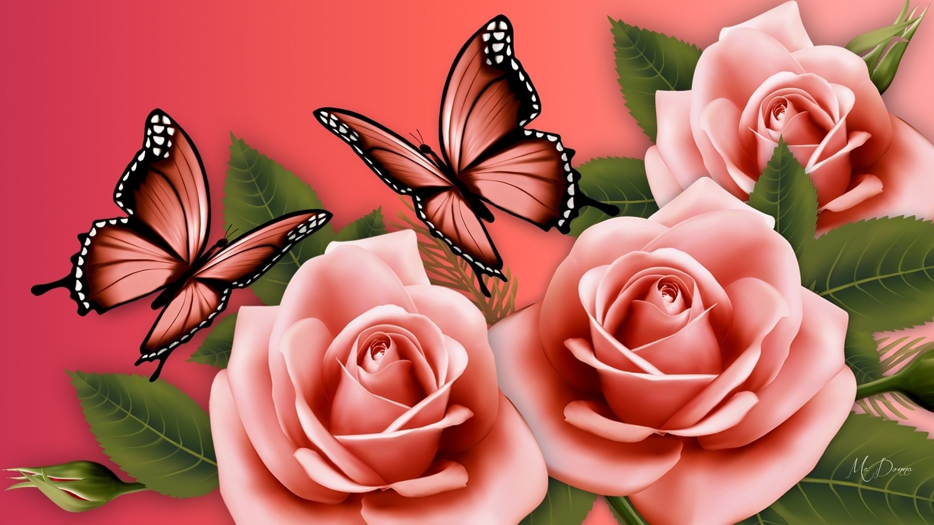 1920x1080 Pink Butterflies and Roses