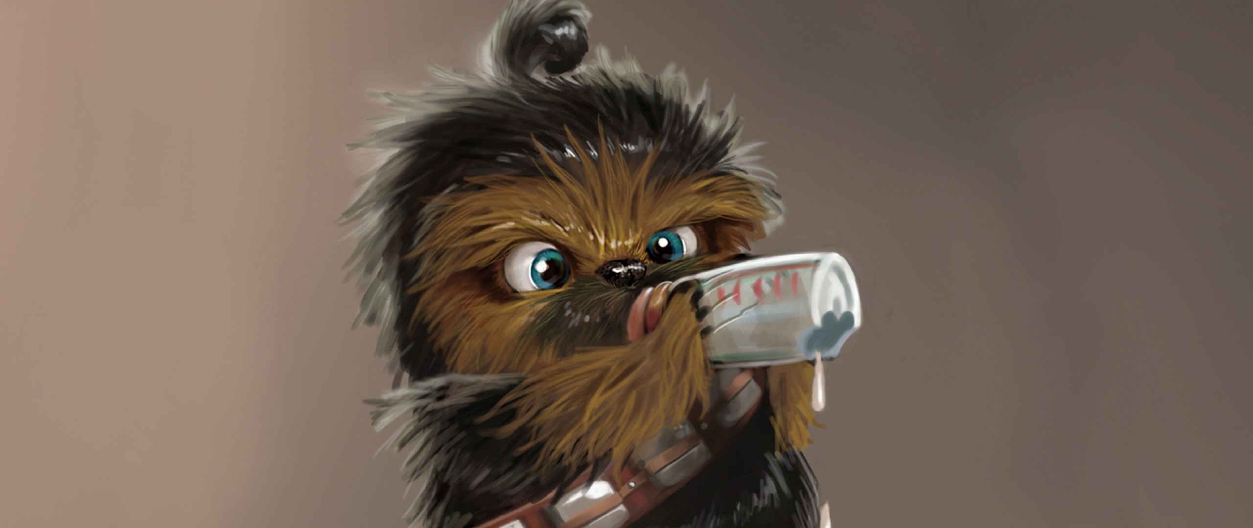 2560x1080 Preview wallpaper star wars, chewbacca, drink, baby 