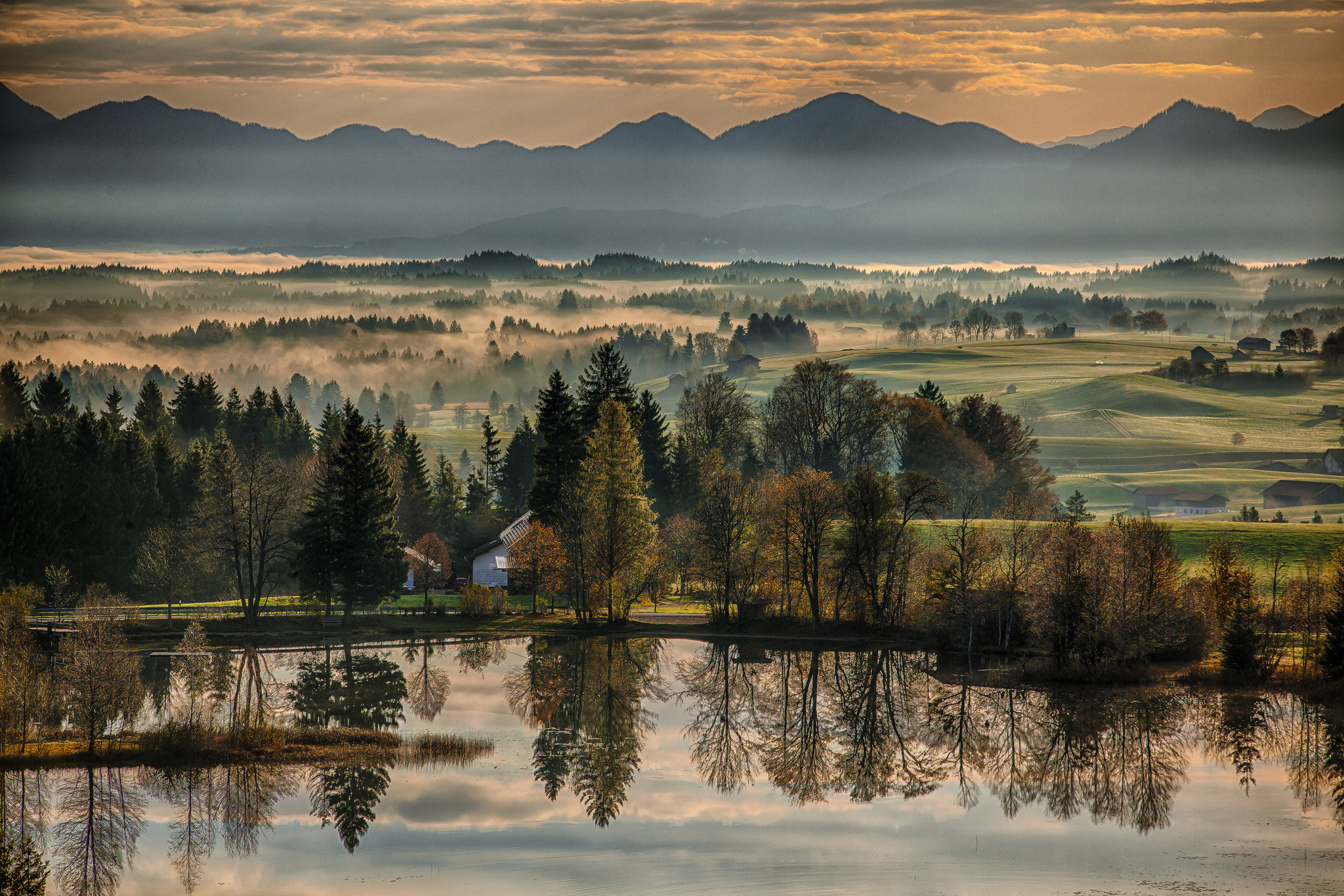 2048x1365 Bavaria Germany autumn river morning dawn reflection trees mountains landscape  wallpaper |  | 171726 | WallpaperUP