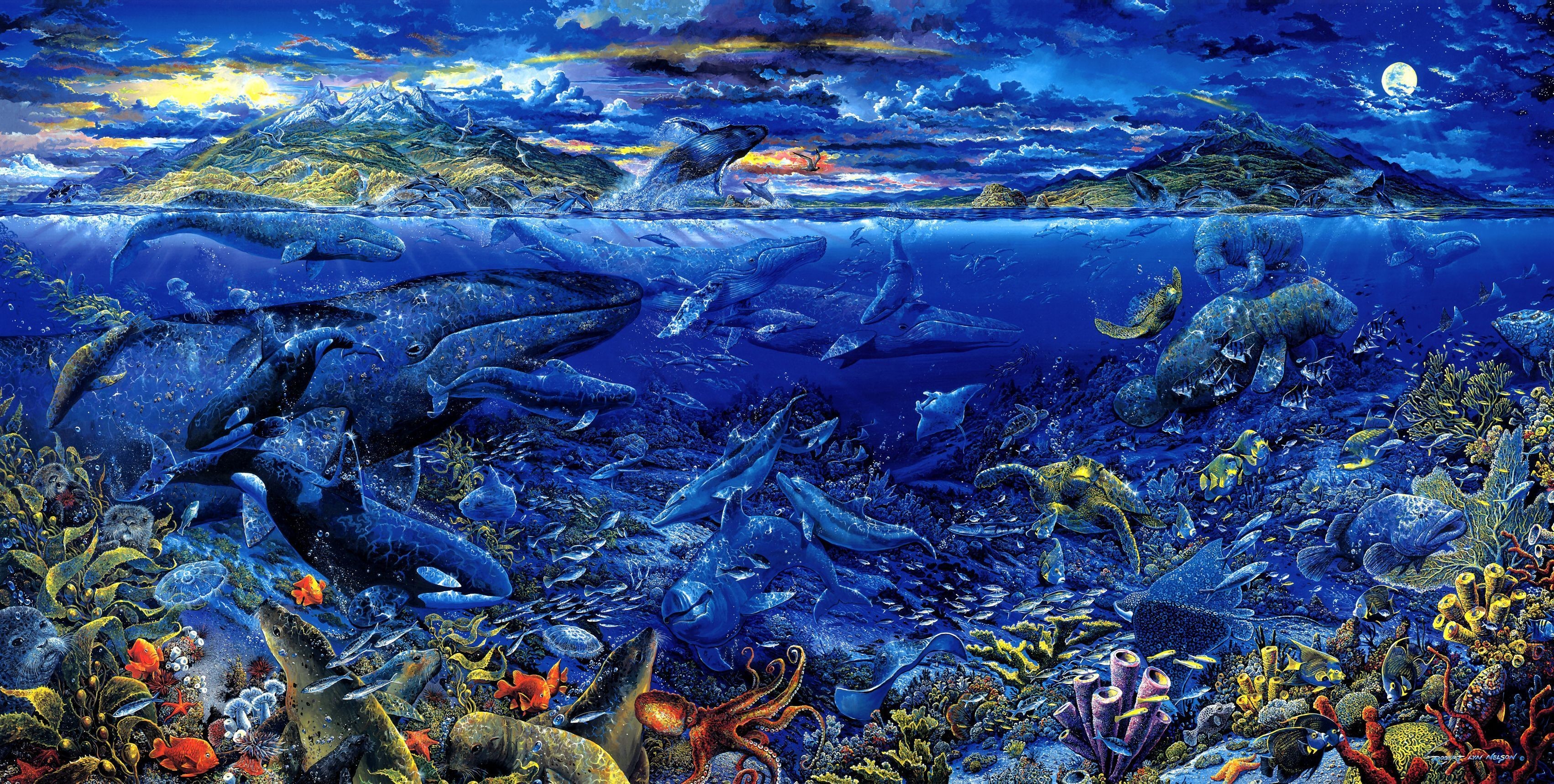 3405x1718 Animal - Sea Life Artistic Whale Fish Ocean Sea Fantasy Wallpaper