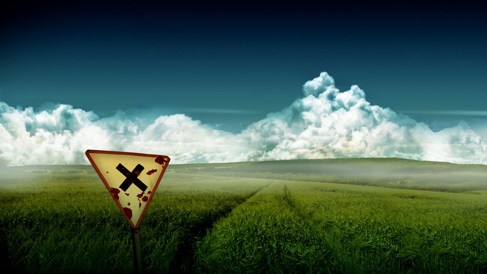 2048x1152  Wallpaper road, country, sign, intersection, field, traces, rust,