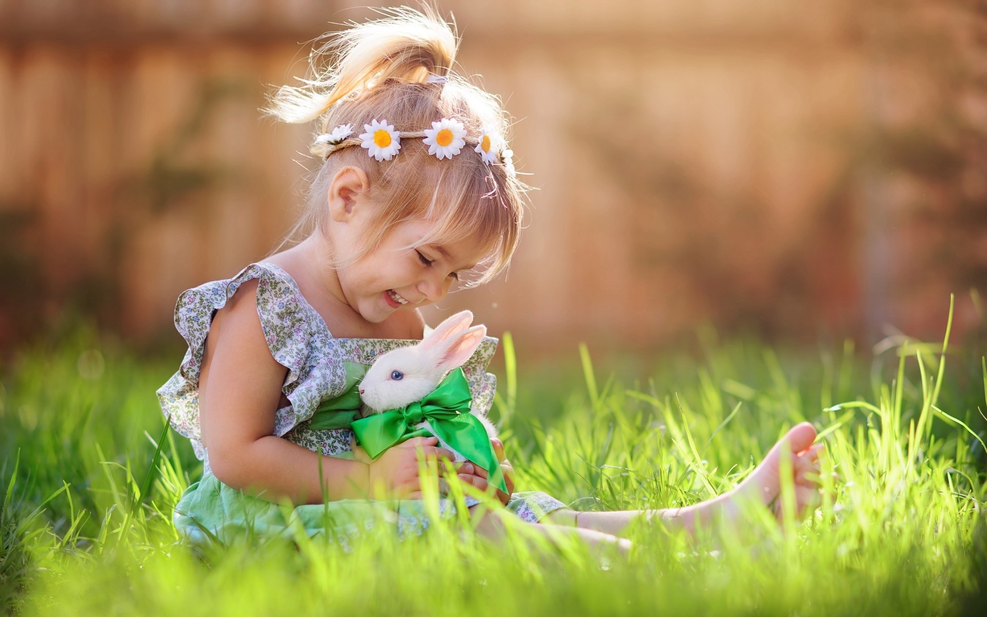 1920x1200 Child Girl Playing with White Rabbit Wallpaper 