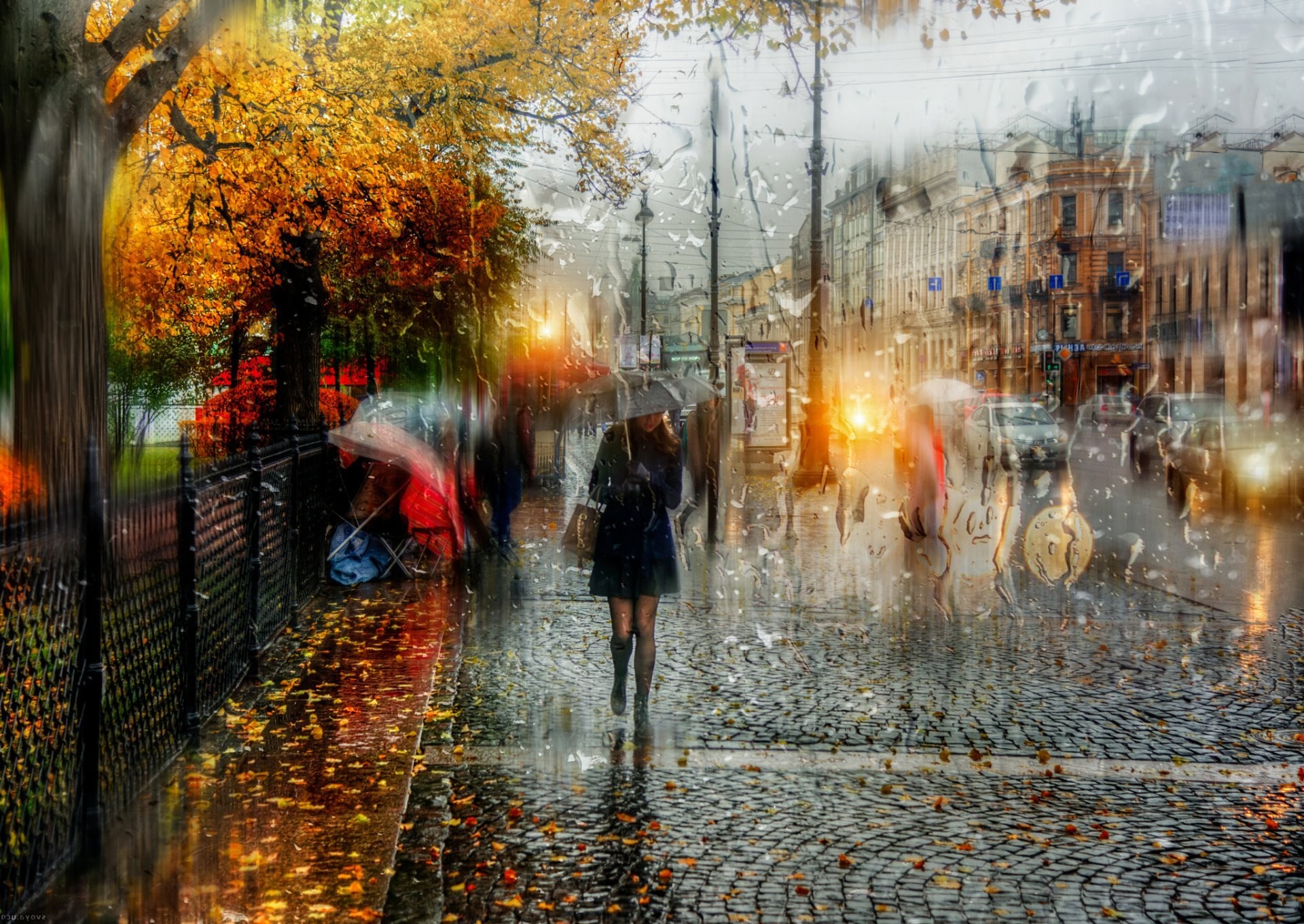 1920x1361 st. petersburg autumn rain girl umbrella drops