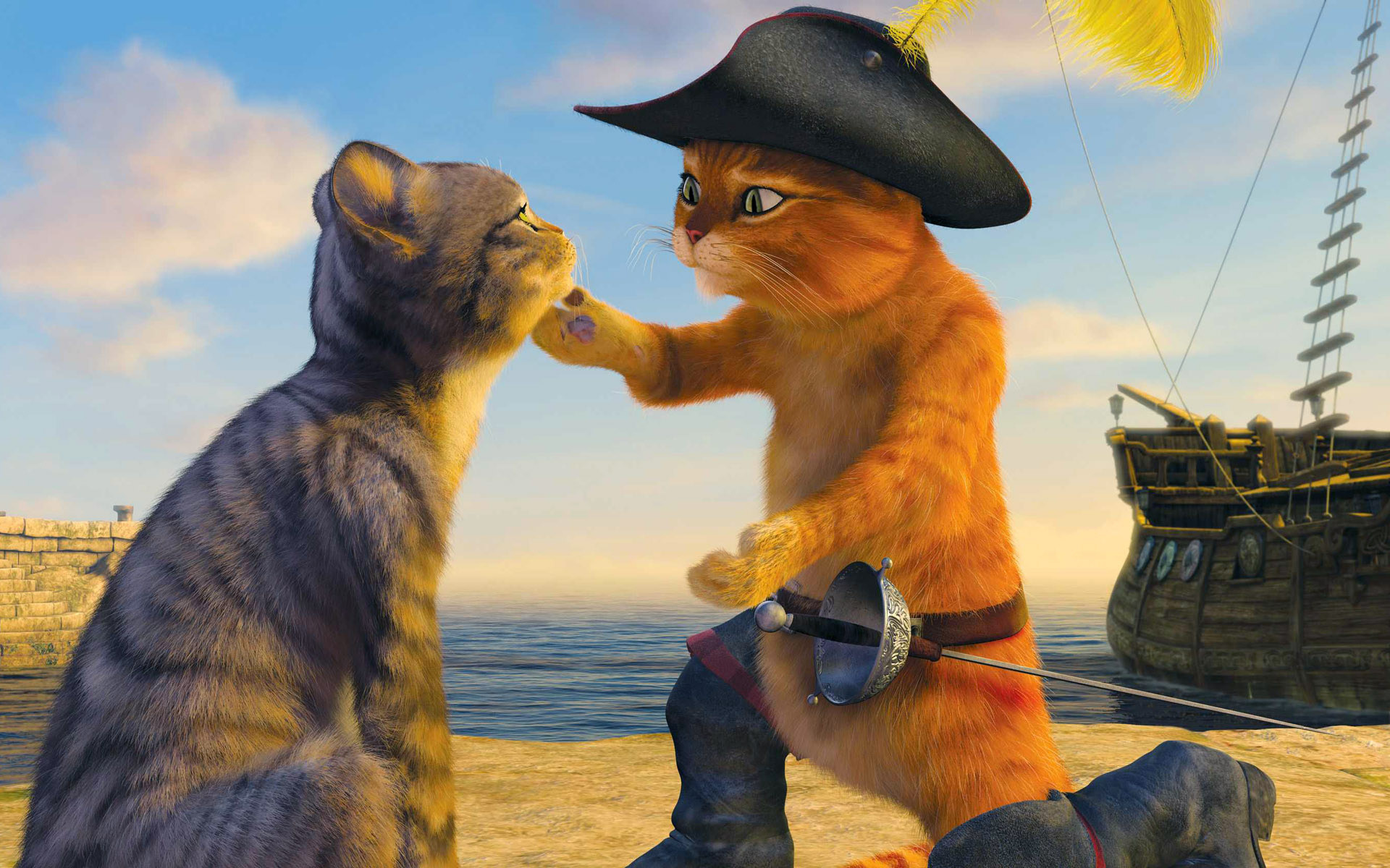 1920x1200 puss in boots, cat, hat, puss, ship, epee, shrek 3