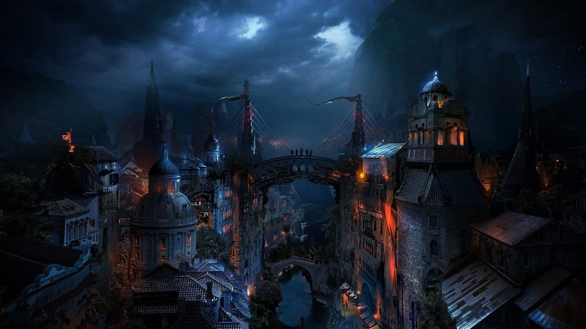 1920x1080 Cityscapes Graphics Medieval Buildings Nighttime