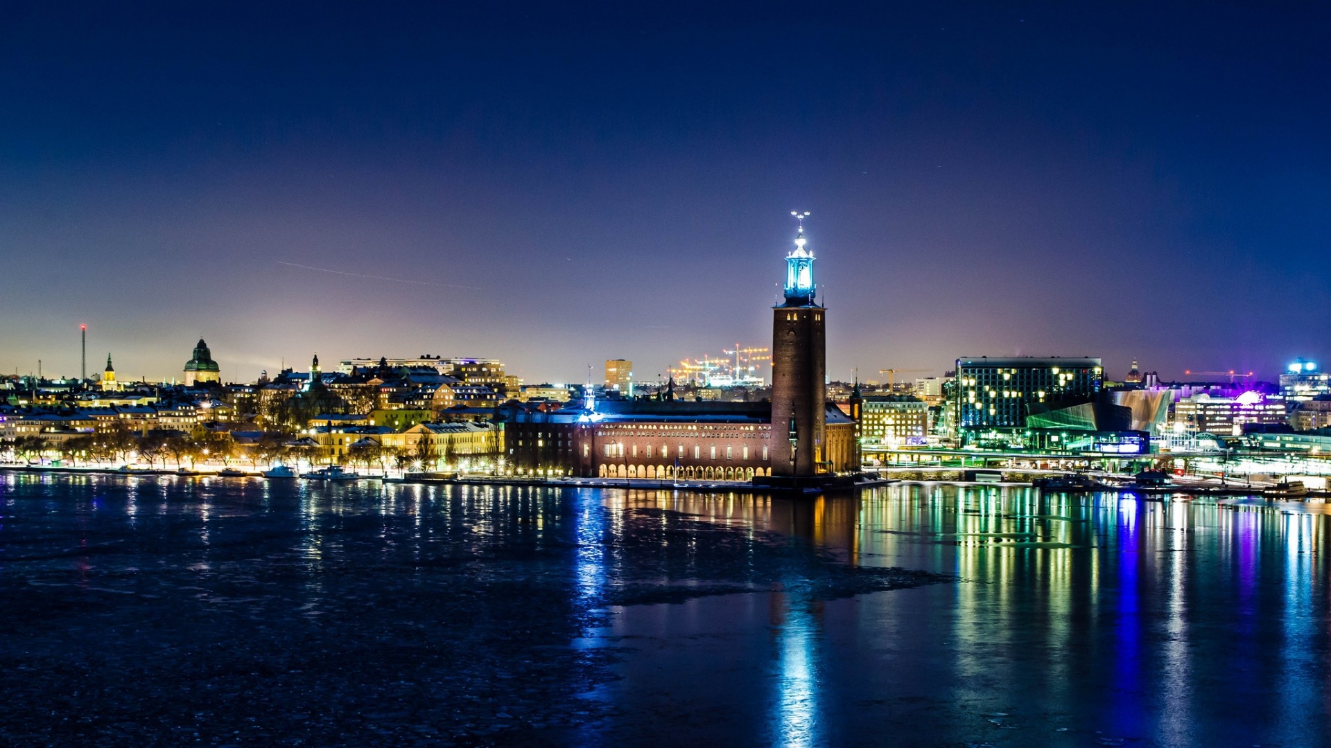 1920x1080 Preview wallpaper sweden, stockholm, winter, night, city hall, lights,  reflection