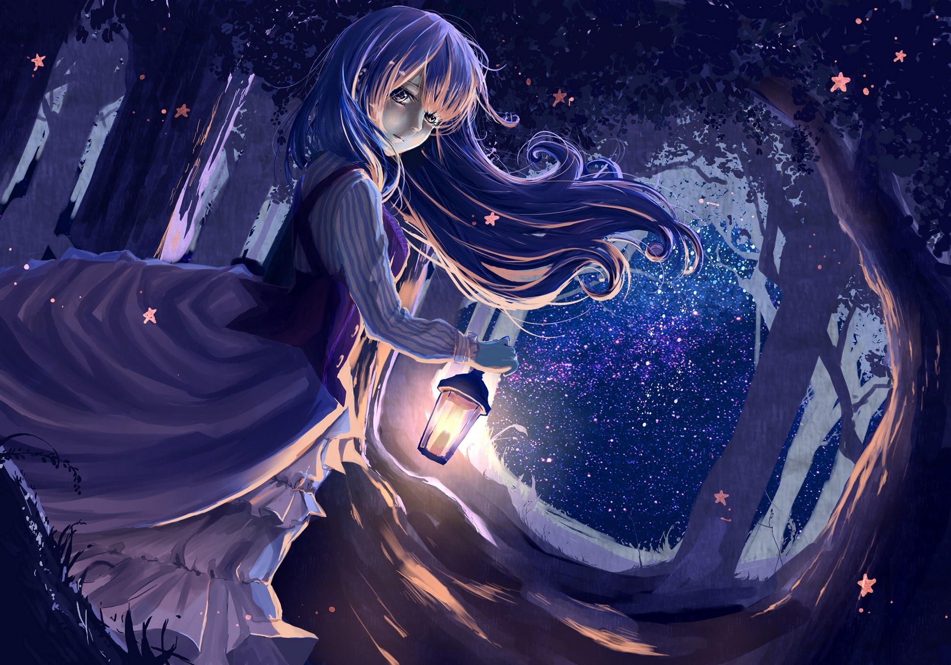 1940x1358 Girl Anime Lantern Forest Night Good Background 976718hd
